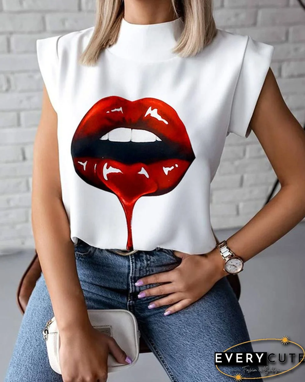 S-2XL New Fashion Women Elegant Lips Print Tops and Blouse Shirts Summer Ladies Office Casual Stand Neck Pullovers Eye Blusa Tops