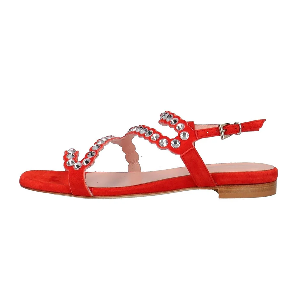 Square Toe Buckled Strappy Red Rhinestone Flat Sandals for Women