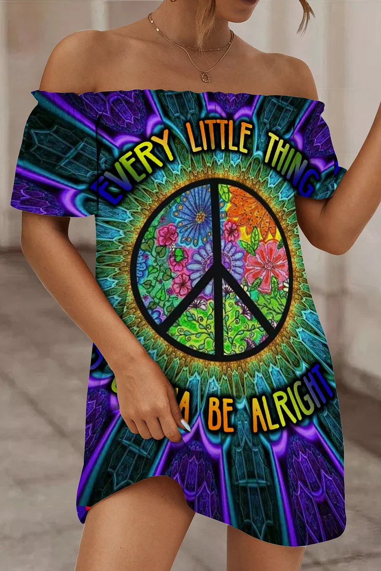 🔥kukelife🔥Hippie Art Love Peace Print Ruffled Boat Neck Strapless Dress