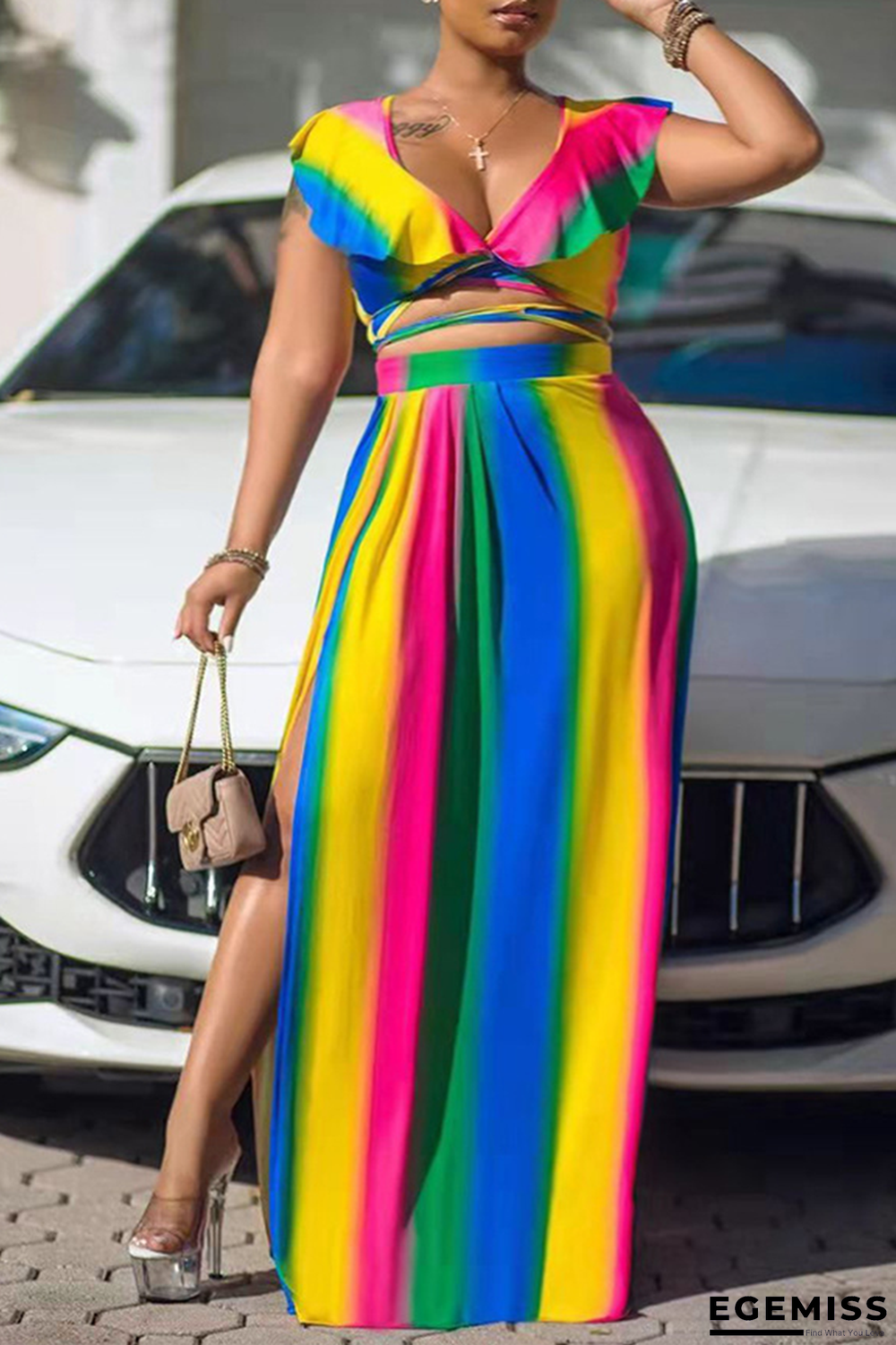 Colour Casual Striped Patchwork Flounce V Neck Plus Size Two Pieces | EGEMISS