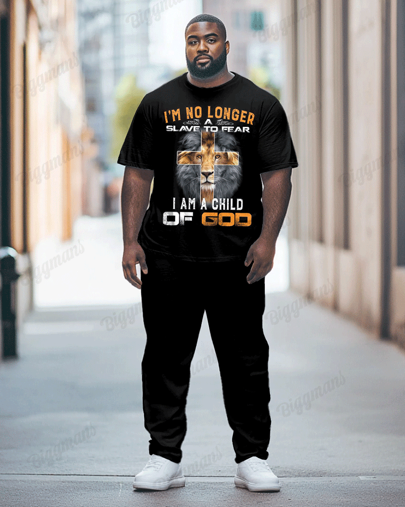 Men's Plus Size I'm No Longer a Slave to Fear I Am a Child of God Print T-Shirt Trousers Suit