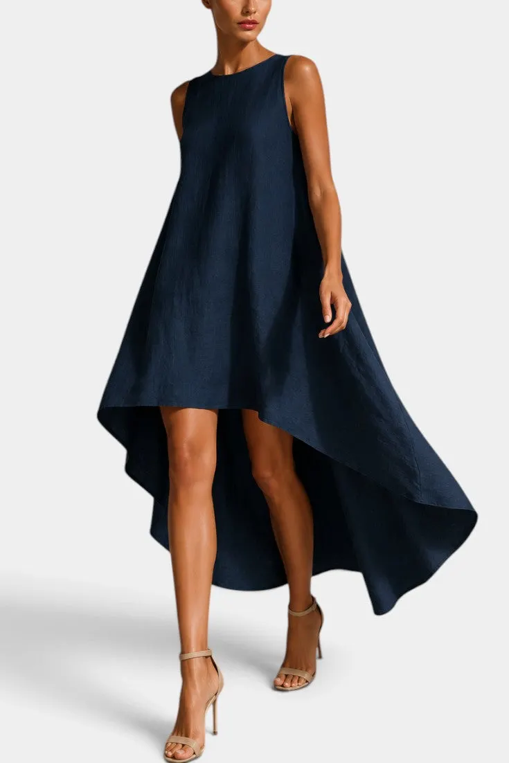 Asymmetric Linen Dress with Round Neckline