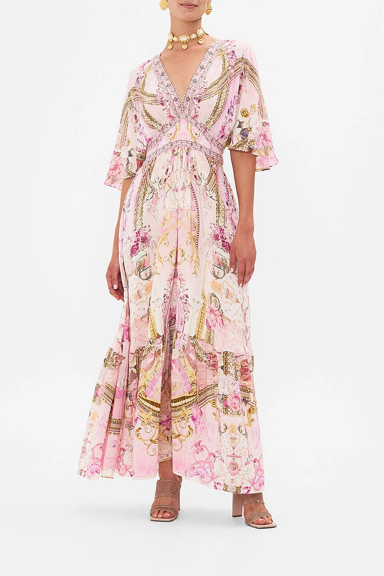 Palace Print Rhinestone V-Neck Midi Dress