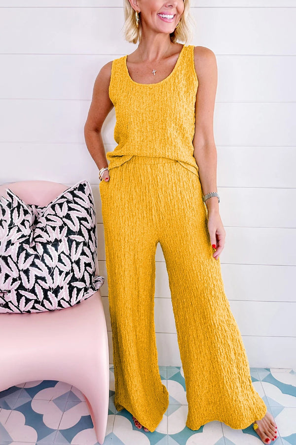 Yellow Crinkled U Neck Tank and Wide Leg Pants Set
