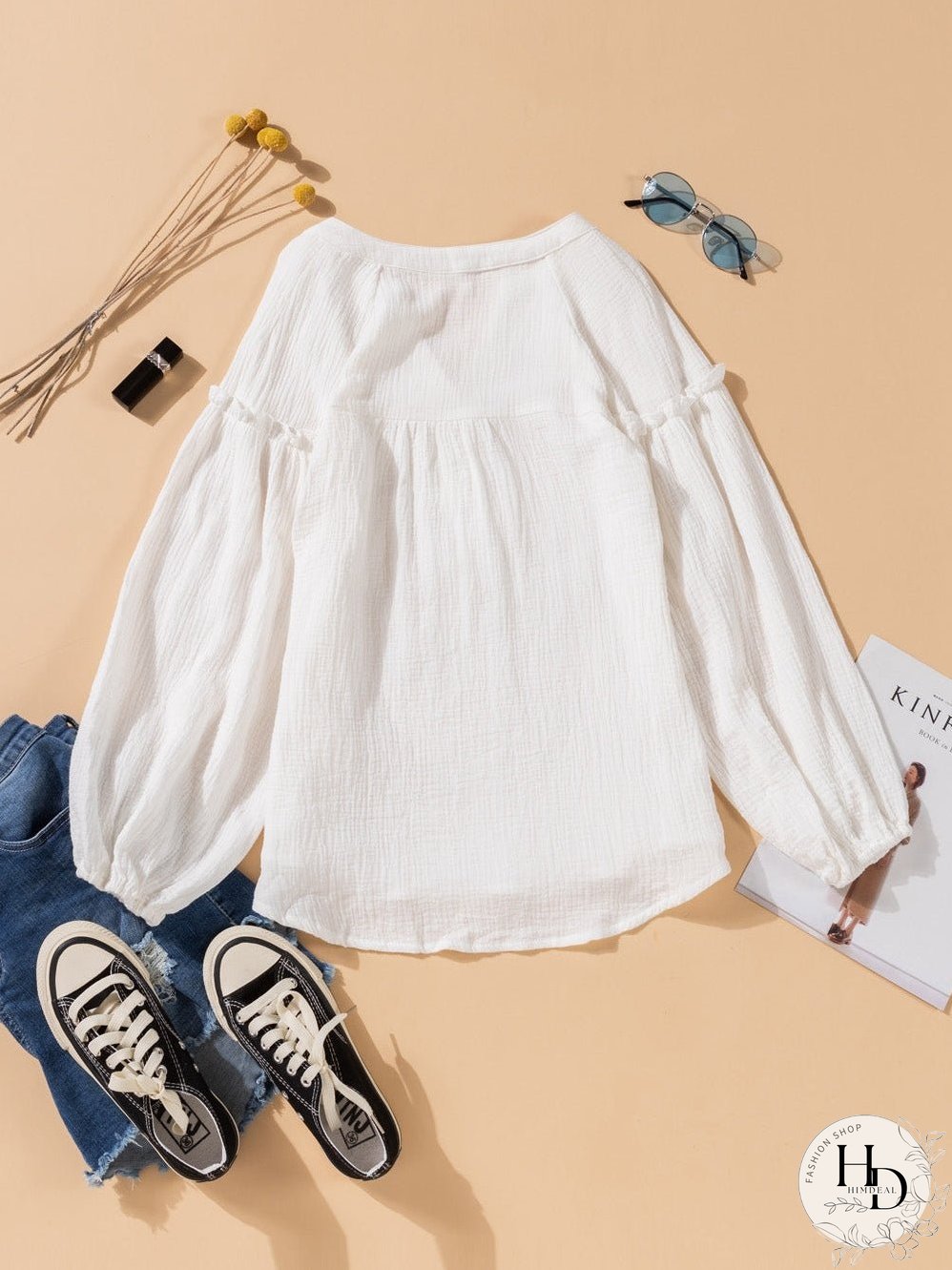 White Crinkled Casual Top with Balloon Sleeves