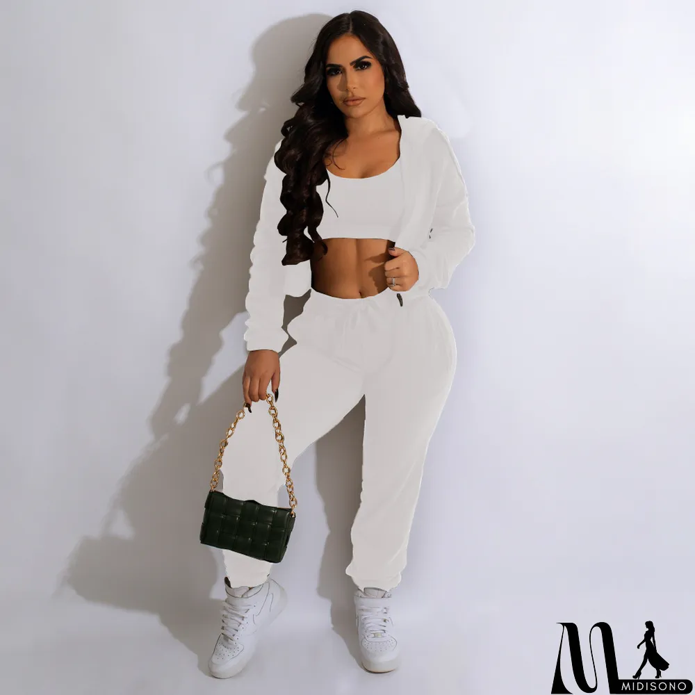 MidiSono - Plush Solid Tank Tops+Hooed Zipper Coat+Pants Sports Three Piece Set