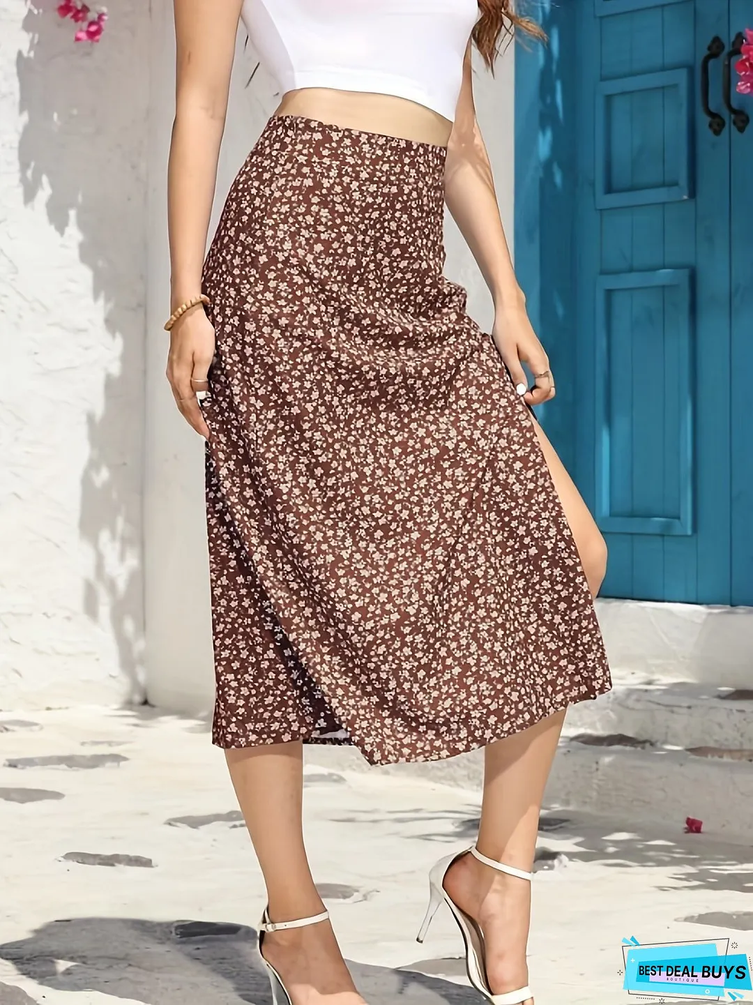 Floral Print Midi Skirt, Side Slit Casual Skirt For Summer & Spring, Women's Clothing