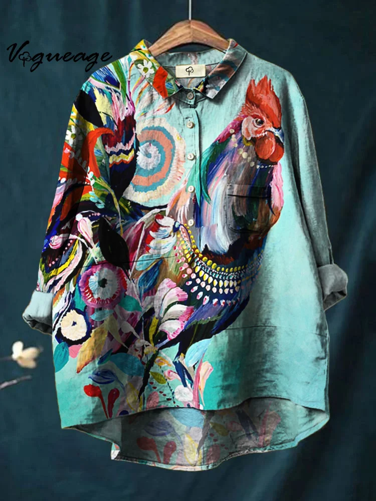 Watercolor Rooster Flowers Printed Cotton And Linen Shirt