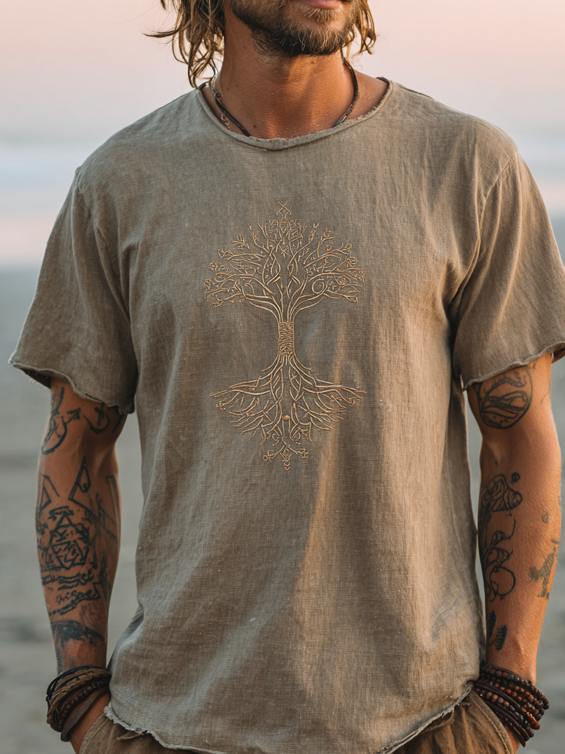 Men's Vintage Viking Distressed Rune Design Linen Shirt / Rvogue / Rvogue