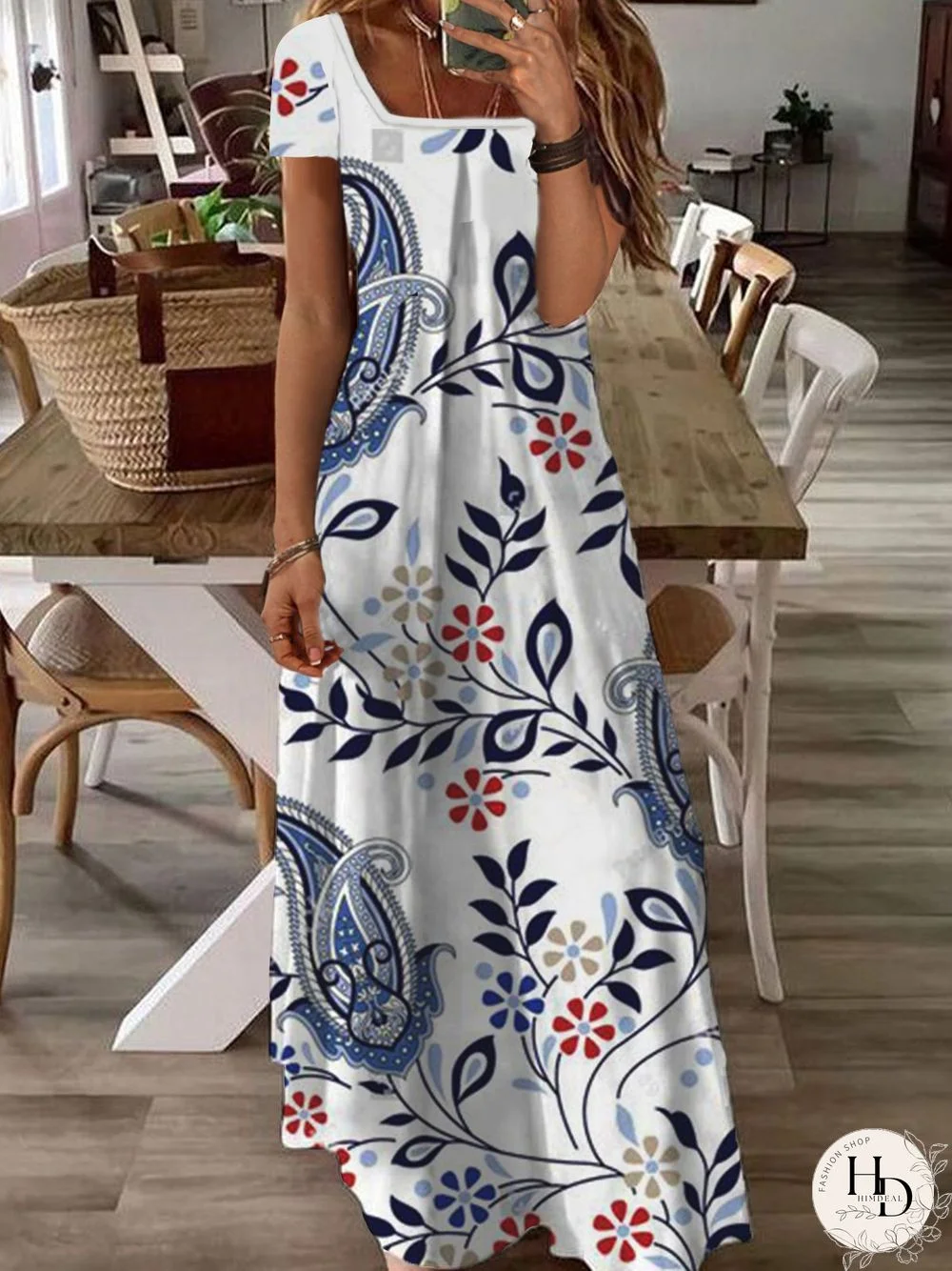 Square Neck Floral Boho Dresses