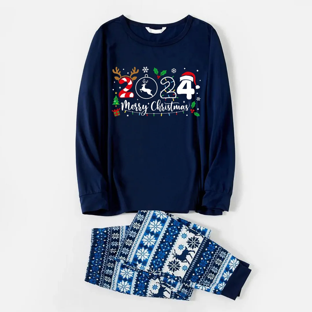 2024 Merry Christmas Text Print Blue Family Matching Pajamas