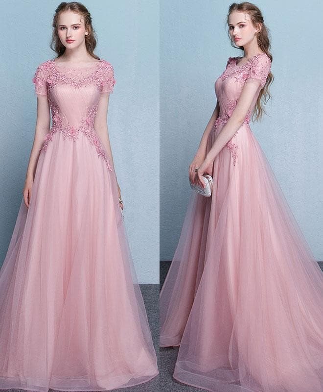 Pink Round Neck Tulle Lace Long Prom Dress, Tulle Evening Dress SP15686