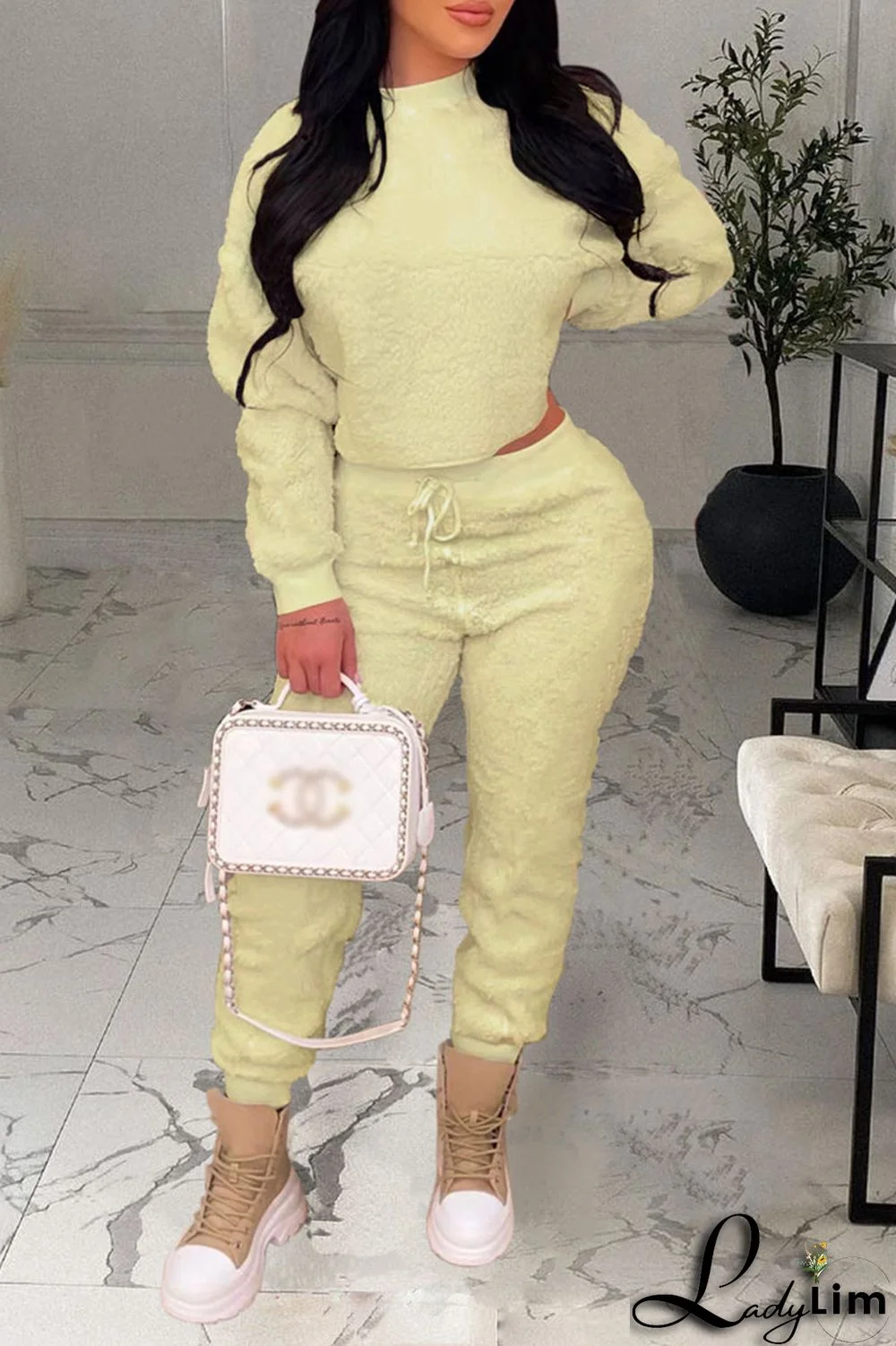 Coffee Casual Solid Split Joint O Neck Long Sleeve Two Pieces