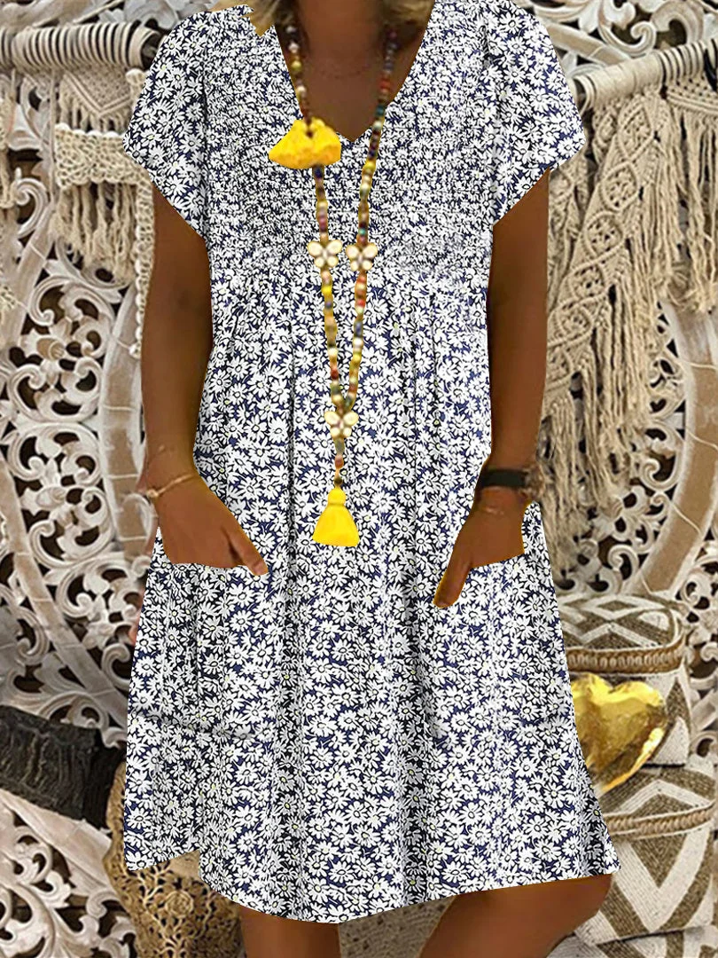 Women Short Sleeve V-neck Floral Printed Graphic Pockets Midi Dress