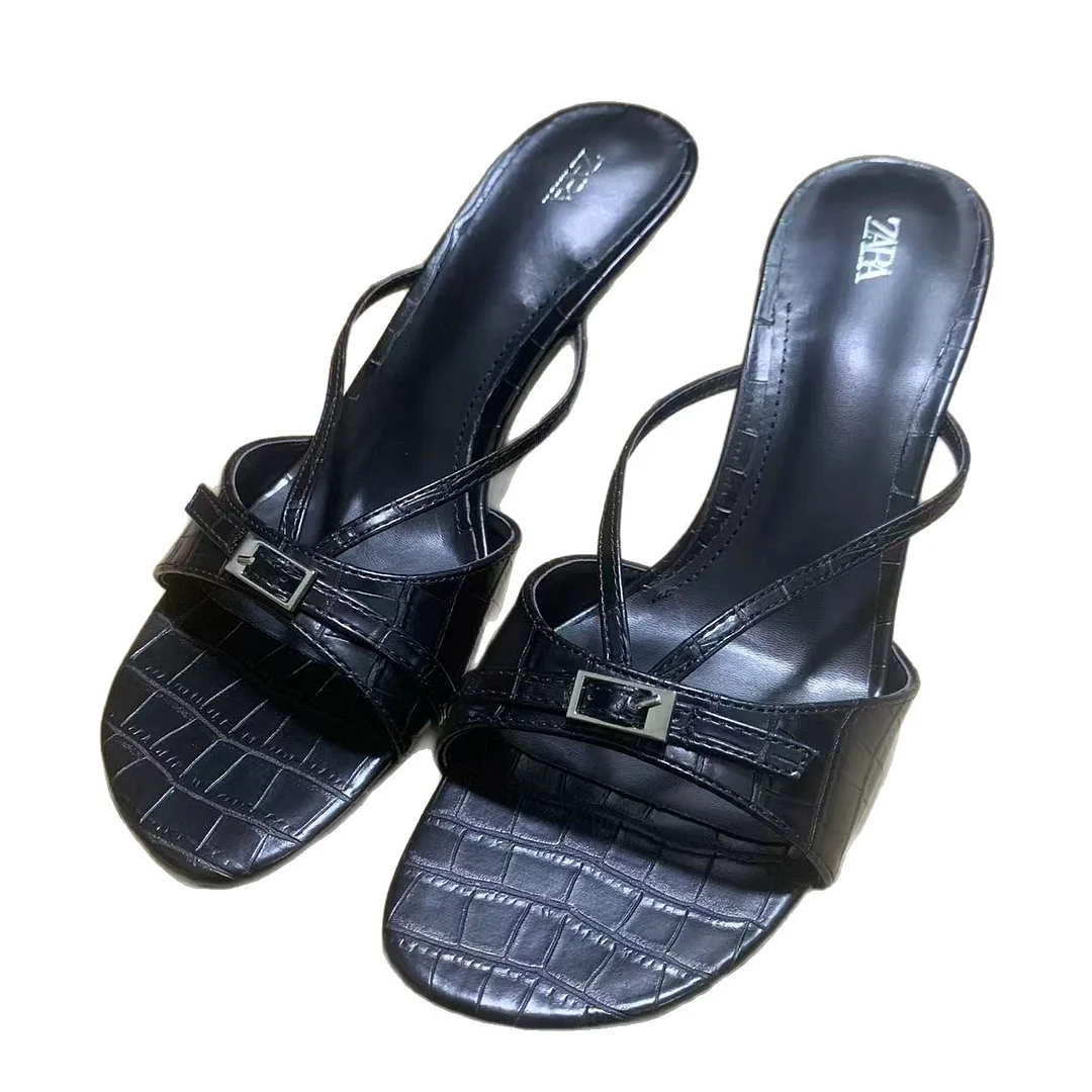 Breakj Breakj Home 2025 New Crocodile Characteribal Cold Slippers Black Fine High And Casual Round Head Buckle Ornament