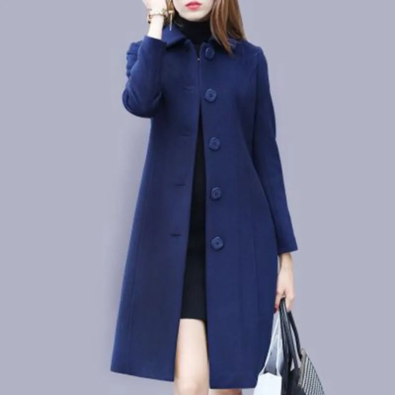 2020 New Fashion British Solid Button Woolen Coat Women Plus Size Long Sleeve Coats Woman Elegant Pocket Slim Outwear Mujer