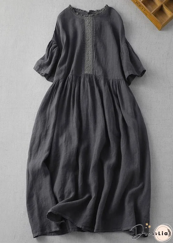 Vintage Black Wrinkled Embroideried Patchwork Linen Dress Summer