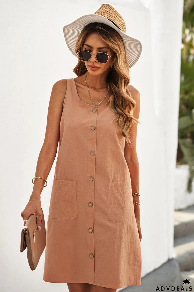 Summer Casual Button Front Sleeveless Mini Dress with Pockets