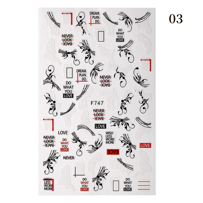 1PC Black Rose Flower Leaves 3D Nail Stickers Colorful Lines Waves Alphabet Sticker Slider Nail Art Decoration For Manicuring