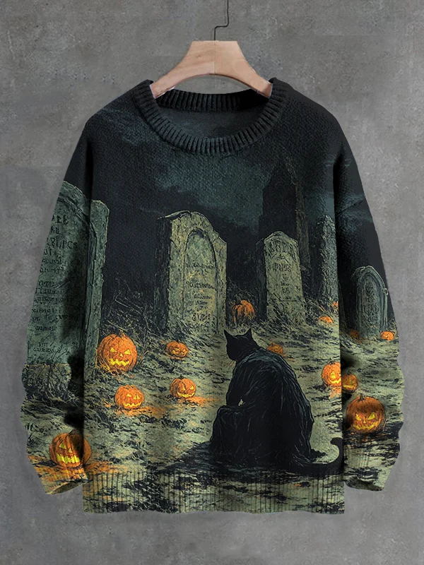 Men's Night Mysterious Wizard Black Cat In The Graveyard Print Knit Sweatshirt