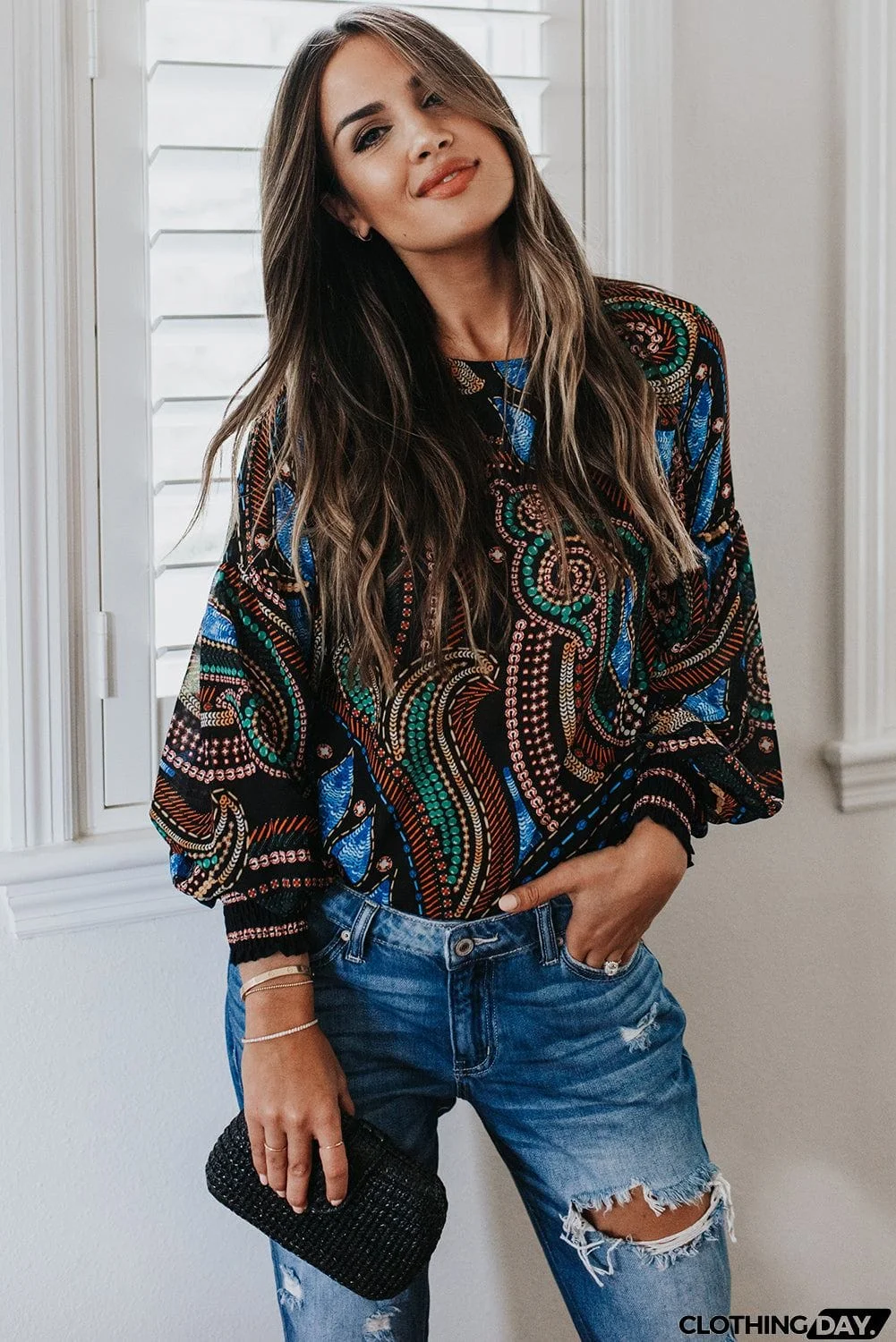 Printed Lantern Sleeve Top