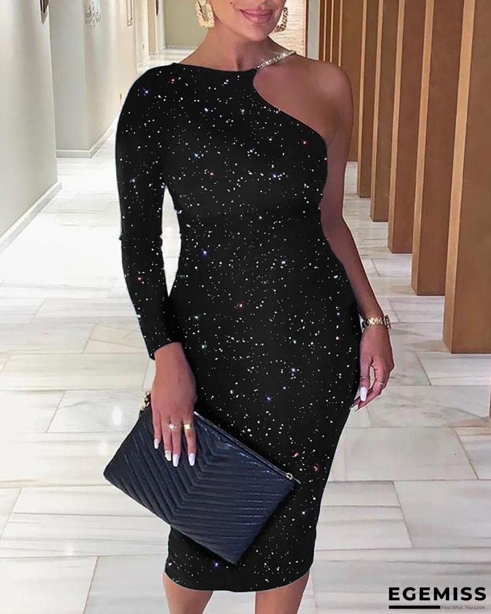Glittering One Shoulder Midi Dress | EGEMISS