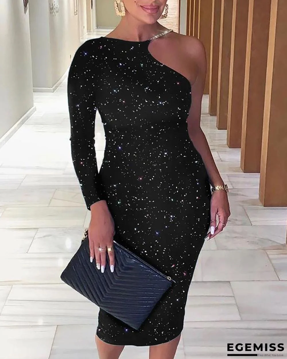 Glittering One Shoulder Midi Dress | EGEMISS