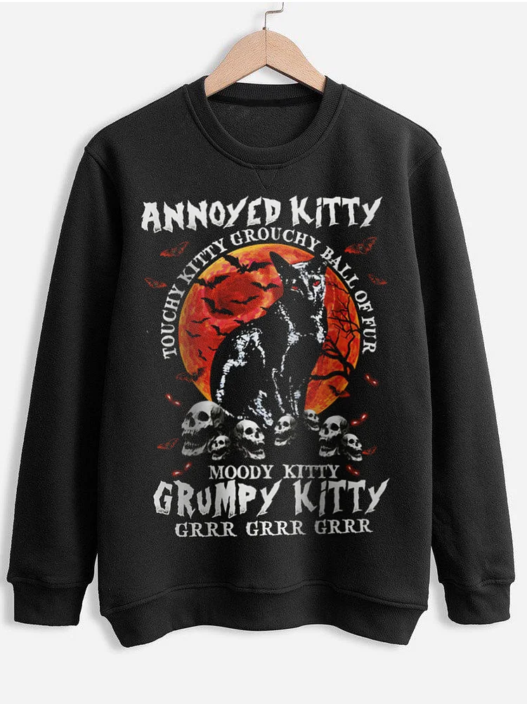 Men's Halloween Annoyed Grumpy Kitty Skull Print Sweatshirt