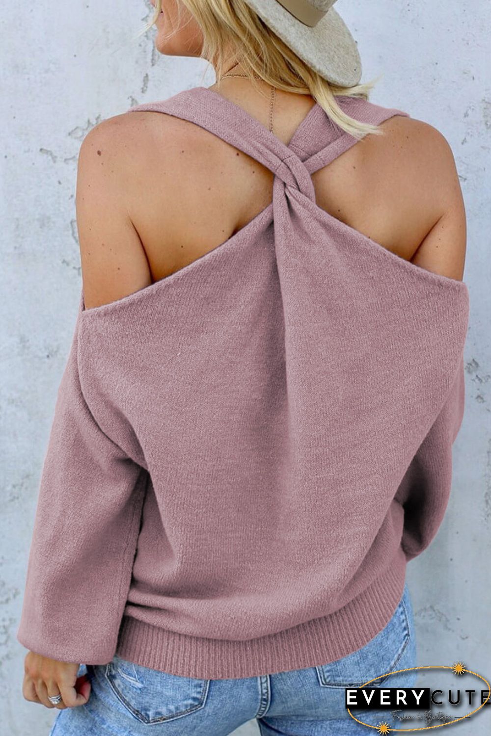 Pink V Neck Twisted Back Cold Shoulder Sweater