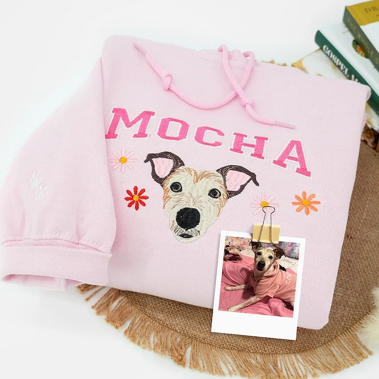 Custom Pet Photo Embroidery with Pet Name T-shirt Sweatshirt Hoodie with Floral Design