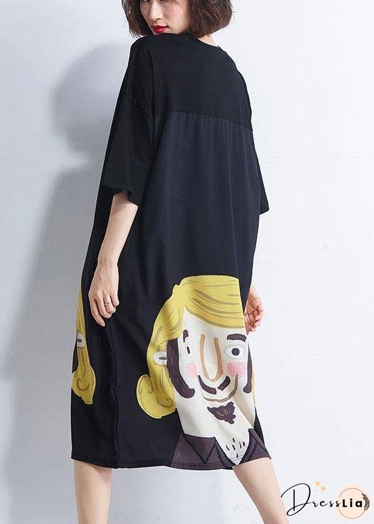 Women Black Patchwork Character Summer Maxi Dresses Half Sleeve
