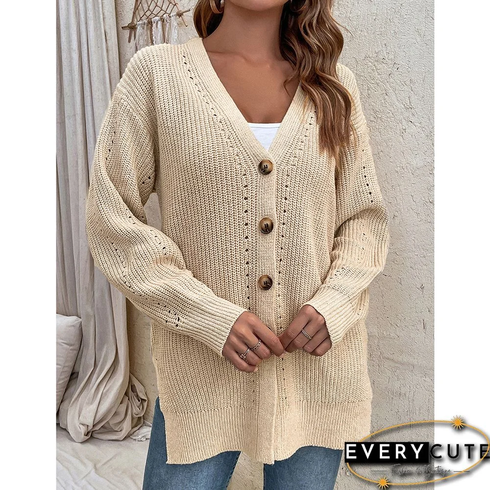 Khaki Hollow-out Button Split Cardigan