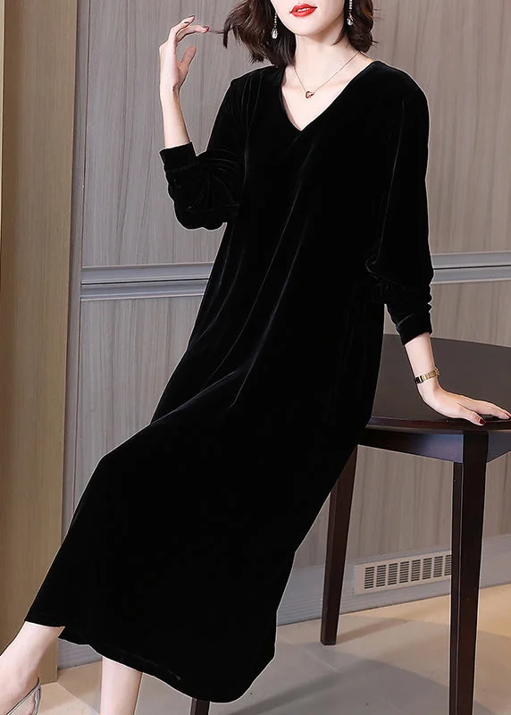 Black High Waist Silk Velour Long Dress V Neck Spring