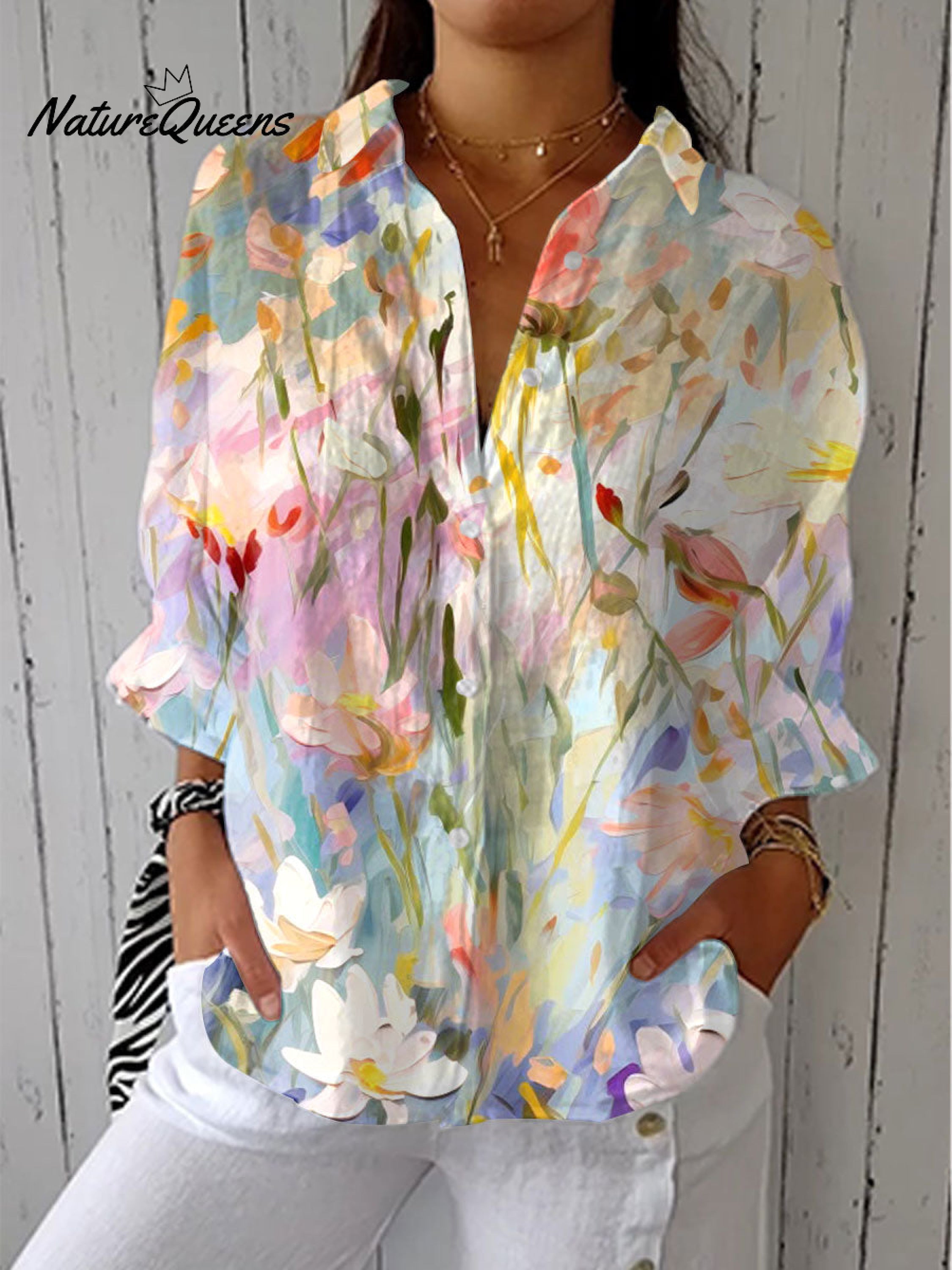 Women's  Pastoral Flower Art Print Casual Linen V-neck Shirt mysite idetrend