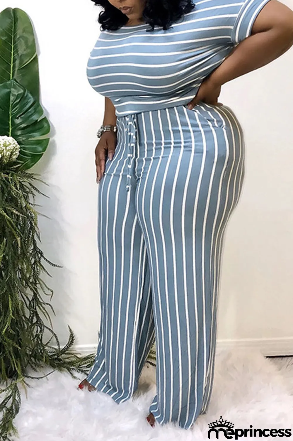 Grey Polyester Sexy Striped Print Stripe Plus Size