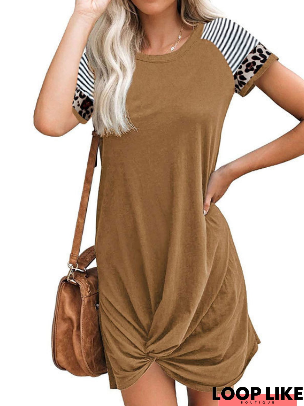 Women's Spring and Summer Raglan Leopard Stitching Short Sleeve T-Shirt Dress