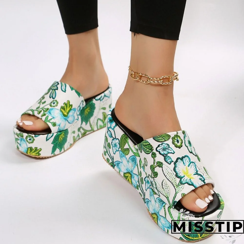 Black Patchwork Printing Round Out Door Wedges Shoes (Heel Height 2.36in)