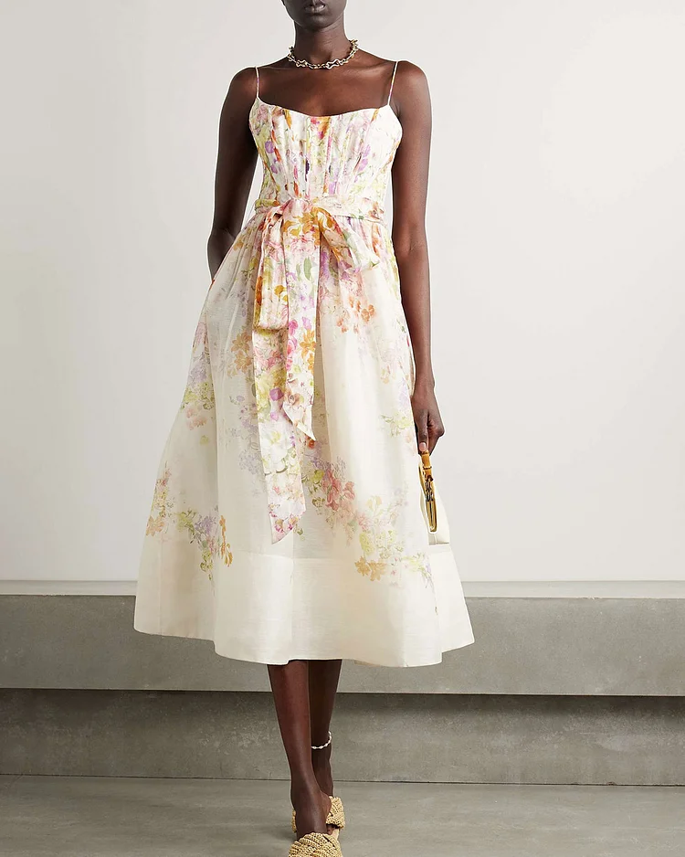 Belted floral-print linen and silk-blend dress