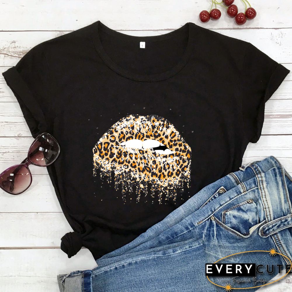 Funny Leopard Lips Dripping T-shirt TrendyPersonalityShirtsWomenFashionCasualPureCottonVintageShirt 90sAesthetic Tee