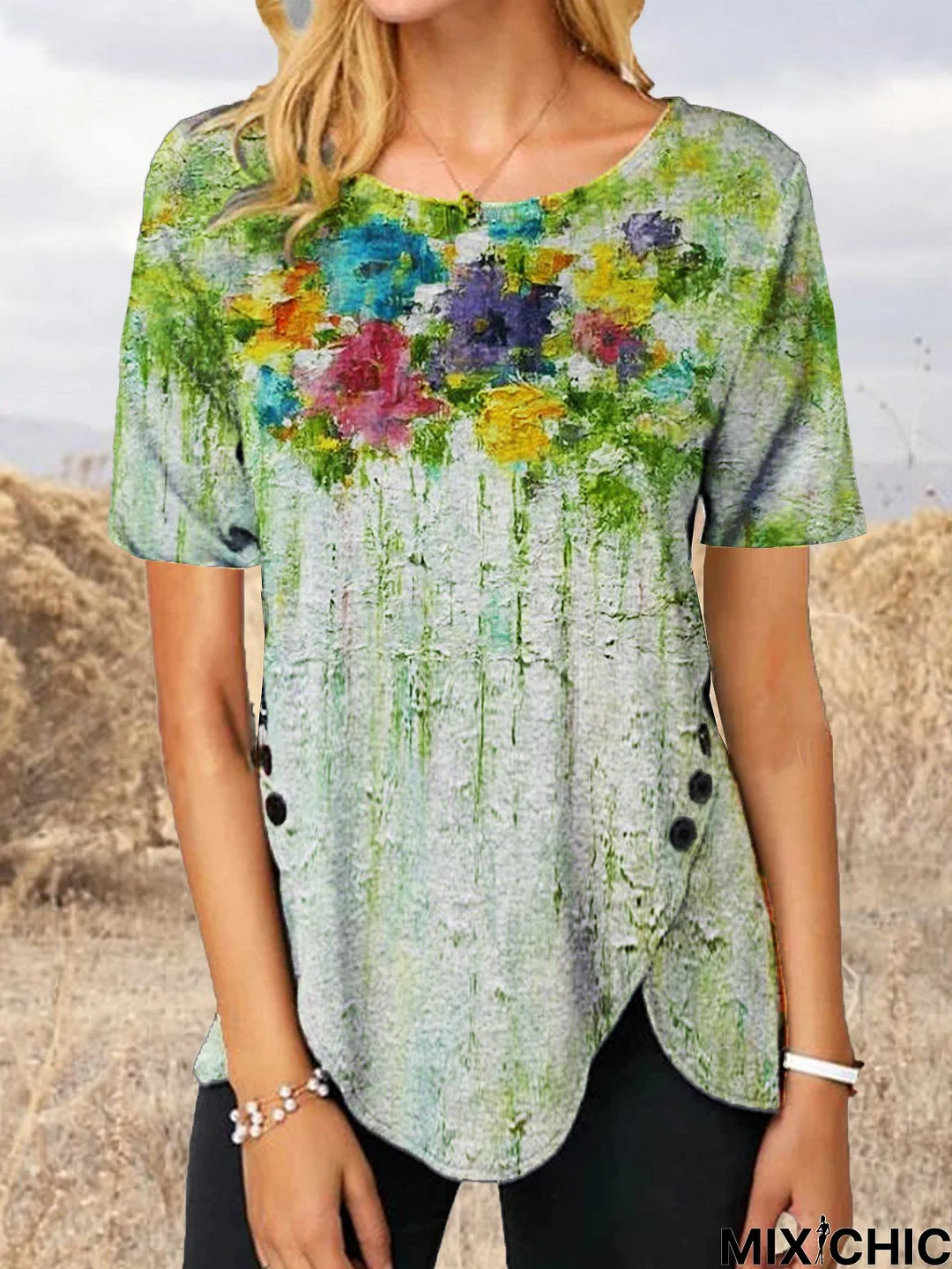 Floral Cotton-Blend Casual Short Sleeve Floral-Print T-shirt