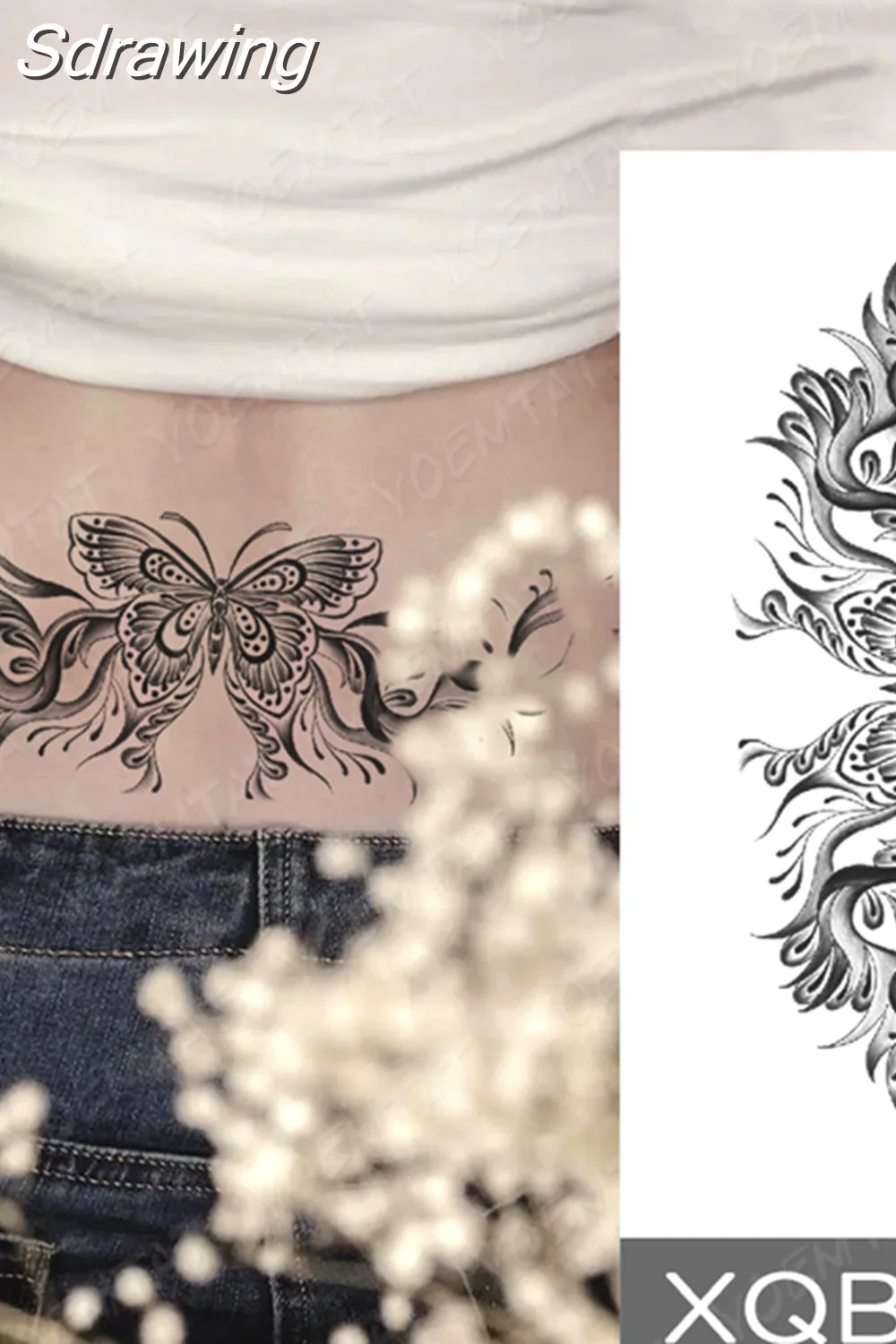 Sdrawing Temporary Tattoo Sticker Butterfly Flower Totem Flash Tatto Y2k Style Body Art Arm Leg Waist Fake Tatoo Men Women