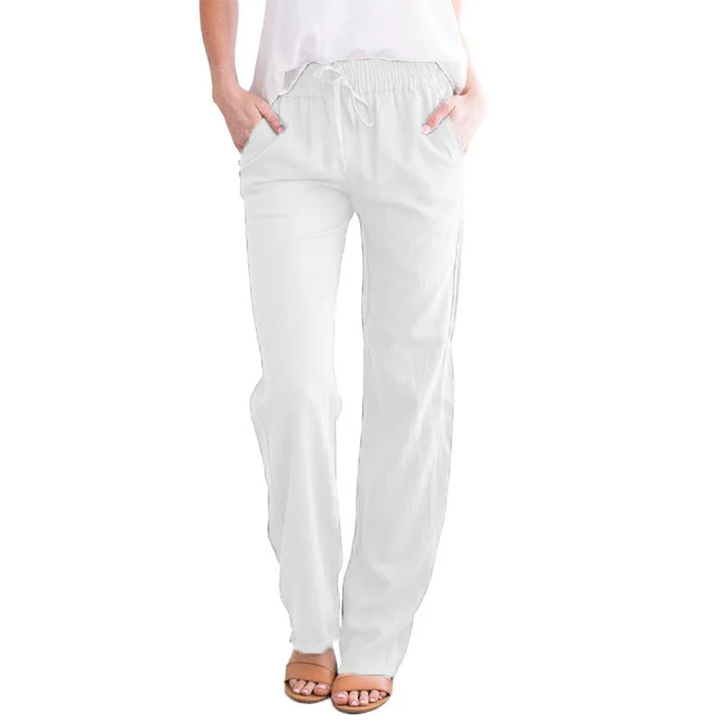Brownm Temperament Commute Solid Color Cotton Linen Drawstring Loose Casual Wide-leg Trousers