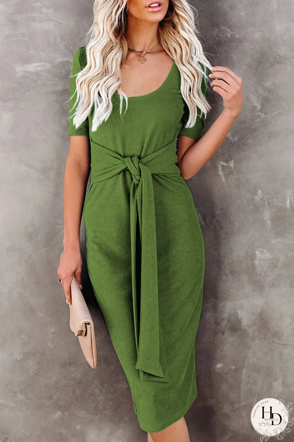 Fashion Solid Bandage U Neck Pencil Skirt Dresses(5 Colors)