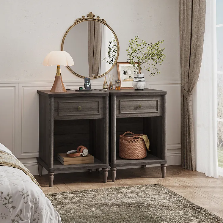 Bestier Nightstands with Drawer, Sofa Side End Table for Living Room, Farmhouse Wooden Bedside Table for Bedroom