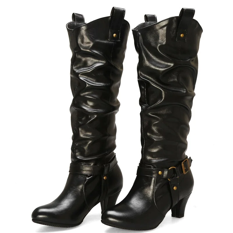 High Quality Woman Pleated Leather Vintage Boots