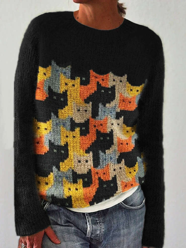 Colorful Cats Knit Art Contrast Cozy Sweater