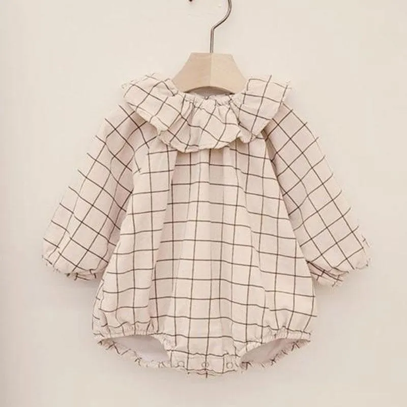 0-2Yrs Baby Boy Girl Lotus Leaf Collar Grid Romper Spring Baby Long-sleeve Fashion Infant Cotton Clothes Baby Boy Girl Rompers