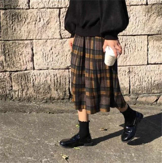 Harajuku Vintage Wool Pleated Plaid High Waist Plus Size Skirt SP15463