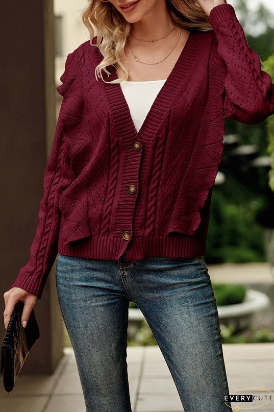 Ruffle Cropped Button Down Knitted Cardigan