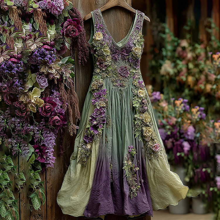 Classy Gradient Purple Lavender And Floral Embroidered Linen Tank Short Dress